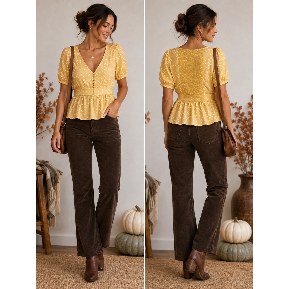 NEW Vero MODA Small Yellow Polka Dot Smocked Button Peplum Peasant Festival